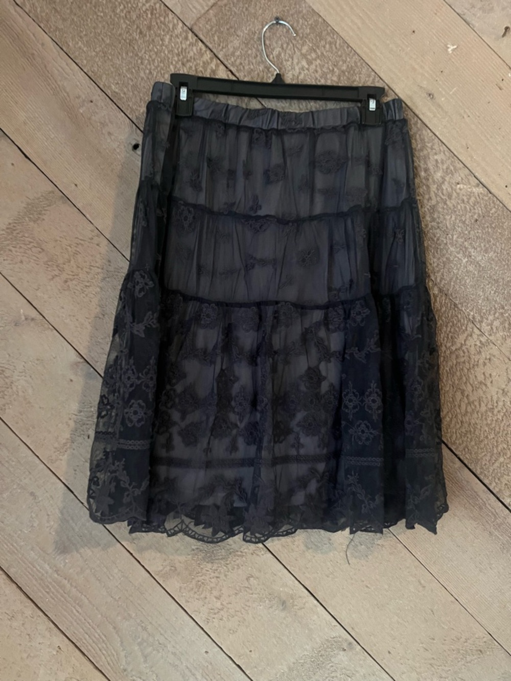 Sundance Black Tiered Lace Midi Skirt Floral Whimsigoth Fairycore